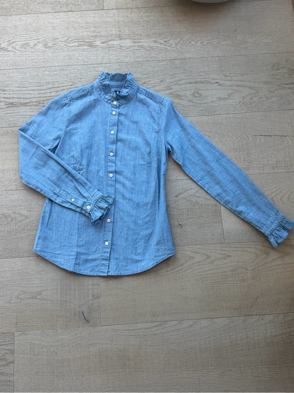 JCrew denim ruffle long sleeve button up shirt